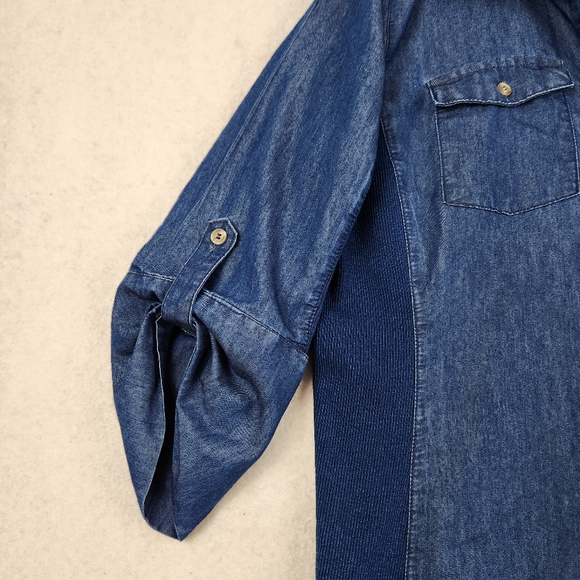 Kim Rogers Size Large Blue Denim Style Button Down Roll Tab Sleeve Casual Shirt - Picture 2 of 9